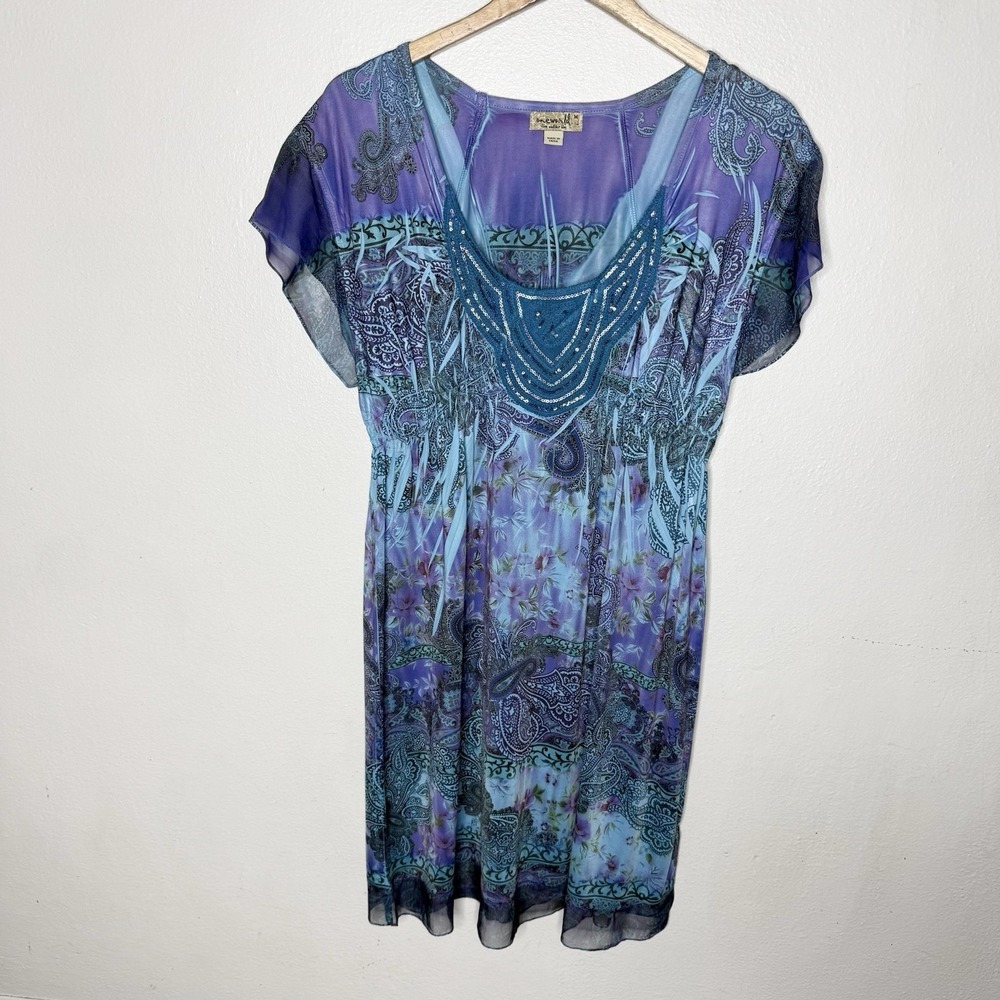 One World Blue Purple Floral Sequin Short Sleeve Mini‎ Dress Womens Medium Boho